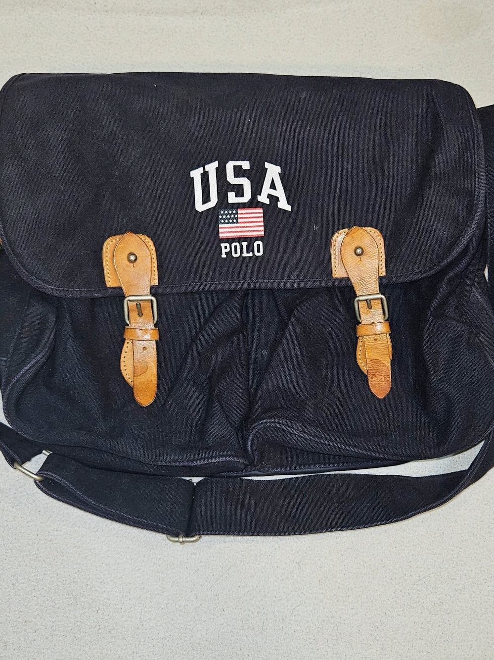 Polo Ralph Lauren USA Canvas Messenger Bag Navy Leather Strap Vintage